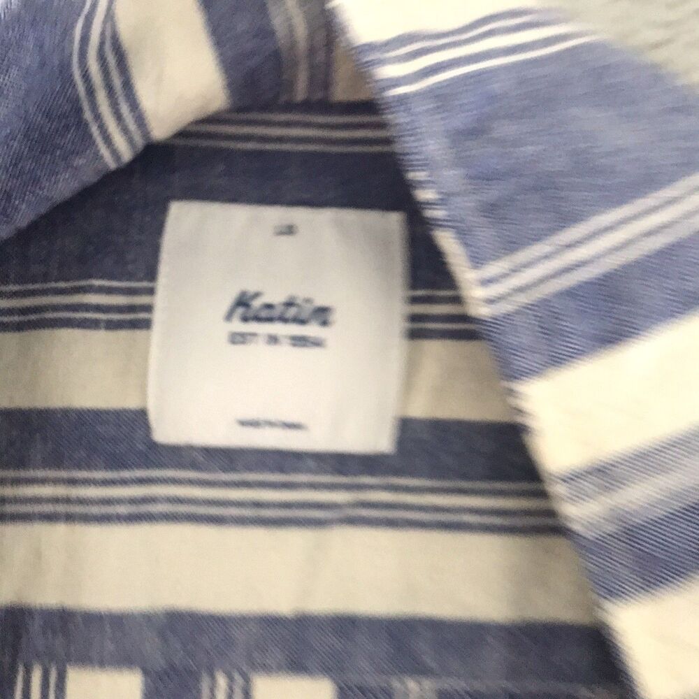 Katin Blue Cotton Linen Striped Denim Short Sleeve Shirt Mens Size Large - Picture 8 of 8